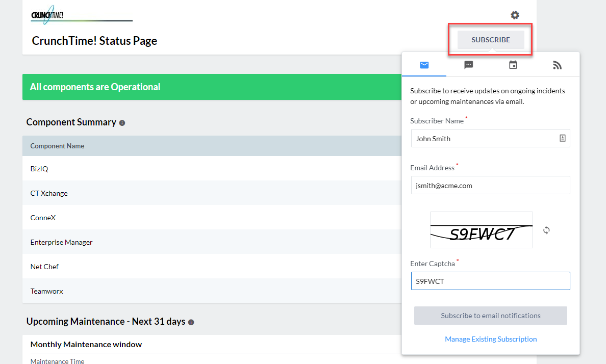 CrunchTime Application Status Page Crunchtime Support Services